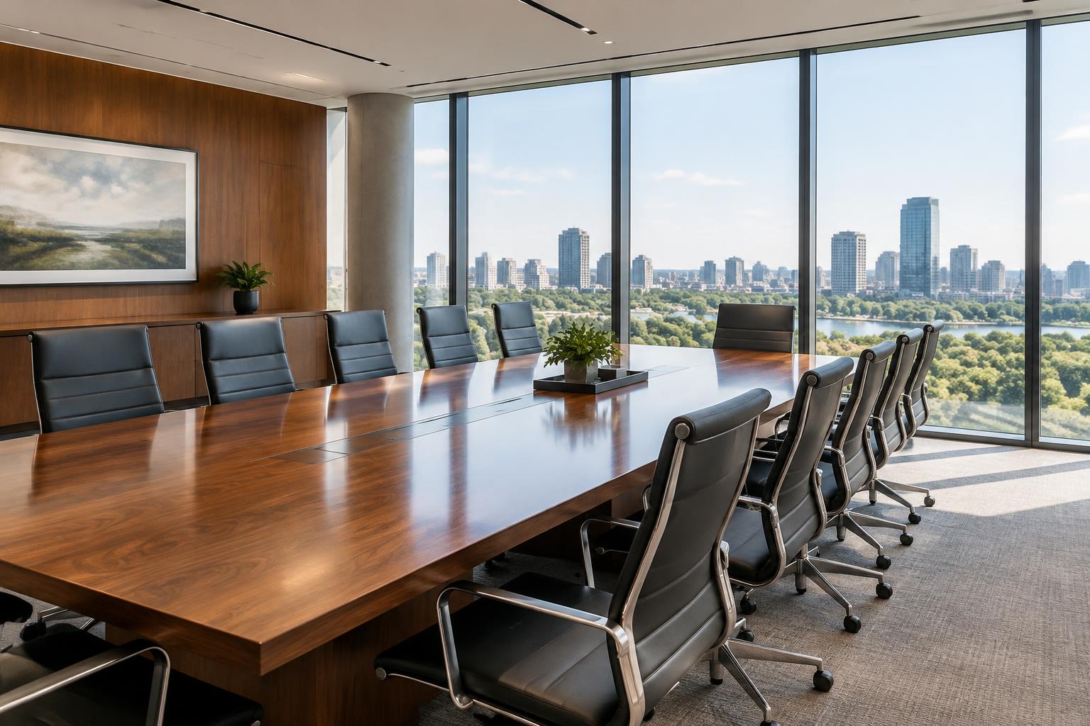 Contemporary boardroom with a long meeting table and city views